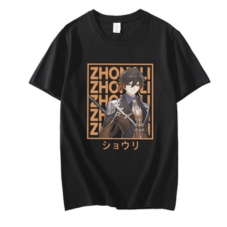 เสื้อยืดสีขาวZhongli Genshin เสื้อยืดลําลอง ผ้าฝ้าย แขนสั้น คอกลม พิมพ์ลาย Impact Action Role-playing Game สําหรับผู้ชาย