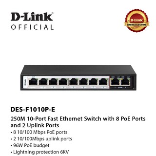 D-Link DES-F1010P-E 250M 10-Port 10/100 Switch with 8 PoE Ports and 2 Uplink Ports