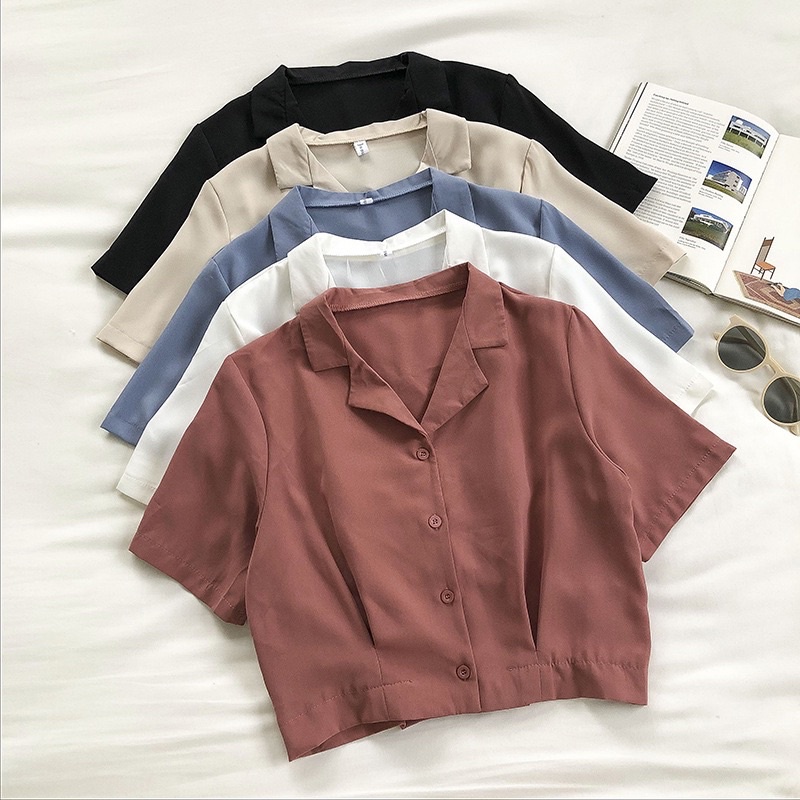 01Hamburger - ♡Crop Shirt♡ เสื้อครอปเชิ้ตแขนสั้น ผ้าโพลีเอสเตอร์ หนา ใส่สบาย