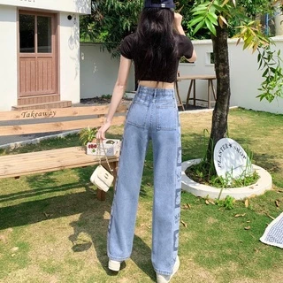 Swan shop แฟชั่นกางเกงยีนส์เอวสูง ขากระบอกใหญ่ 🧸ด้านข้างพิมพ์ลายหมี🧸 วินเทจ ทรงสวย มีครบไซส์พร้อมส่งค่ะ