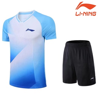 LI NING เสื้อกีฬาแบดมินตันแขนสั้น ระบายอากาศได้ดี แบบแห้งเร็ว สําหรับผู้ชาย และผู้หญิง