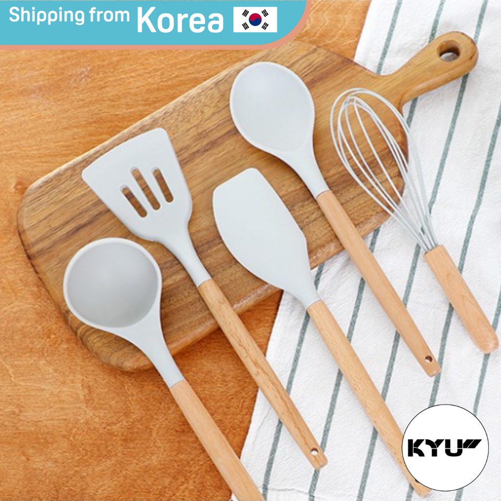 [VANESSDECO Korea] Wood Silicone Kitchenware Cooking Tools Set 5Pcs | Kitchen Non-stick Spoon Tong T