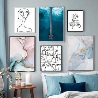 Sea Girl Face Line Abstract Landscape ภาพโปสเตอร์ผ้าแคนวาสไม่มีกรอบรูปสําหรับติดตกแต่งบ้าน