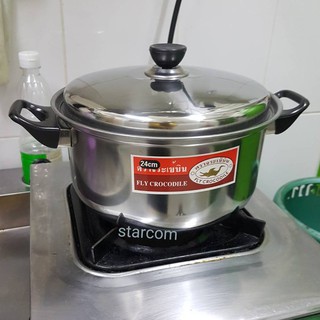 STAINLESS BOILING POT  หม้อ2หู แสตนเลส ต้มอุ่นอาหารมีฝาปิด พร้อมหุจับ ตราจระเข้บิน ใช้ร่วมกับเตาแก๊ส ขนาด24CM