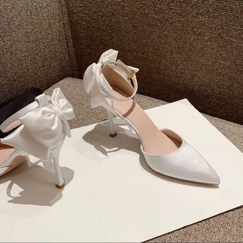 พร้อมส่ง รองเท้าส้นสูงผ้าซาตินสีขาวสไตล์ฝรั่งเศส หัวแหลม กริช สายคาดโบว์ สวยหรู ดูแพง รองเท้าส้นสูงอาชีพ ราคา ถูกที่สุด ดีลบีเคเค แกลเลอรีภาพที่ 6