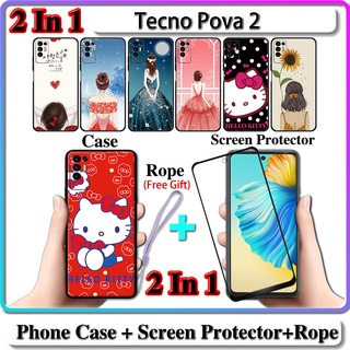 2 IN 1 เคส Tecno Pova 2 เคส พร้อมกระจกนิรภัยกันรอยหน้าจอโค้ง เซรามิค สําหรับเด็กผู้หญิง และคิตตี้