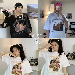 เสื้อโอเวอร์ไซส์ oversize เสื้อโอเวอร์ไซส์แขนสั้นสีขาว เสื้อผ้าวัยรุ่นแฟชั่นเกาหลี ลายการ์ตูน คอกลม สตรีท lune