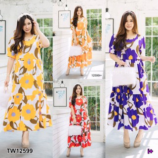J12599 Maxi Dress เดรสยาว #สาวอวบ แขนตุ๊กตา พิมพ์ลายดอก