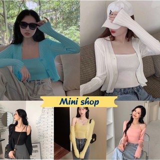 Mini Shop🌸 พร้อมส่ง(7195-2) เสื้อไหมพรม เซ็ตสายเดี่ยว+เสื้อคลุมสุดน่ารัก