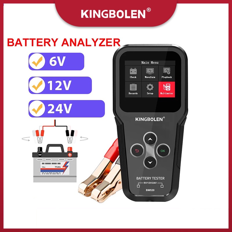 KINGBOLEN BM520 เครื่องทดสอบแบตเตอรี่ 2.8 "รถ 6V 12V 24V เครื่องวิเคราะห์แบตเตอรี่ Multimeter Cranking Charging Ripple