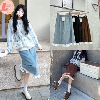 LADY_JEANS #306( ใส่โค้ด LADYJ8 ลด 15% )กระโปรงลูกฟูก เอวสูง แต่งปลายกระโปรงพริ้วๆ  กระโปรงแฟชั่น ผู้หญิง สีดำ สีน้