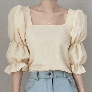 Summer leisure all-match simple solid color square neck bubble short-sleeved slim chiffon shirt