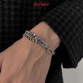 Doreen สร้อยข้อมือโซ่คิวบา บุคลิกภาพย้อนยุค สองชั้น สี่เหลี่ยมผืนผ้า เด็กผู้หญิง กําไลข้อมือ เหล็กไทเทเนียม สร้อยข้อมือผู้หญิง