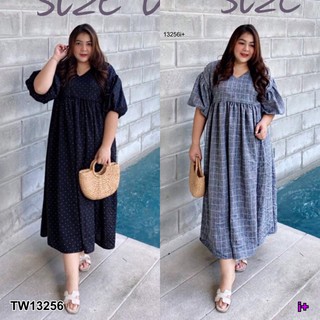 J13256 Maxi Dress เดรสยาว #Bigsize คอวี แขนพอง