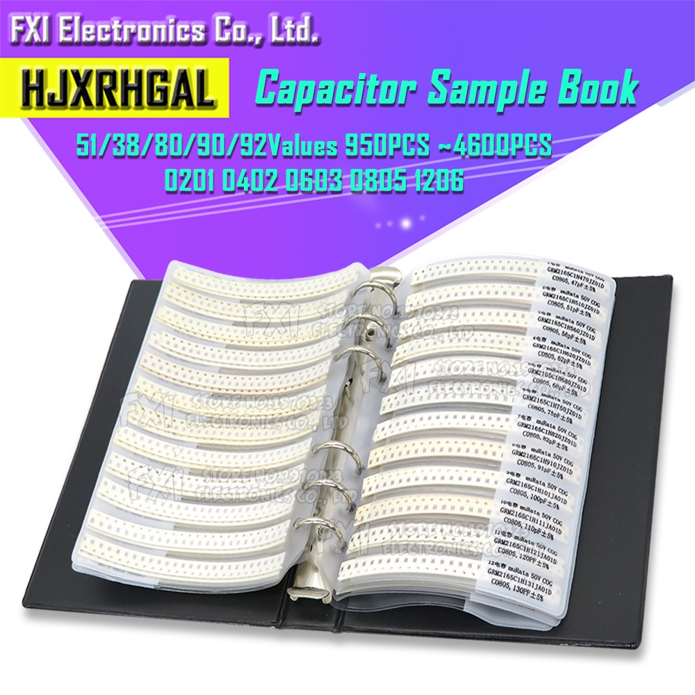 0201 0402 0603 0805 1206 SMD ชิปตัวเก็บประจุชุดตัวเก็บประจุตัวอย่างหนังสือ 38 ~ 92 ค่า 950PCS ~ 4600