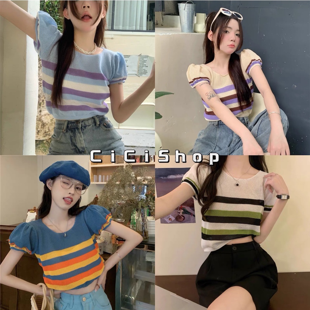 Cicishop(83115)เสื้อครอปไหมพรมแขนสั้นลายทาง แขนจั๊ม ลุคคิ้วท์แมทช์กับอะไรก็คิ้วท์