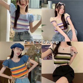 Cicishop(83115)เสื้อครอปไหมพรมแขนสั้นลายทาง แขนจั๊ม ลุคคิ้วท์แมทช์กับอะไรก็คิ้วท์