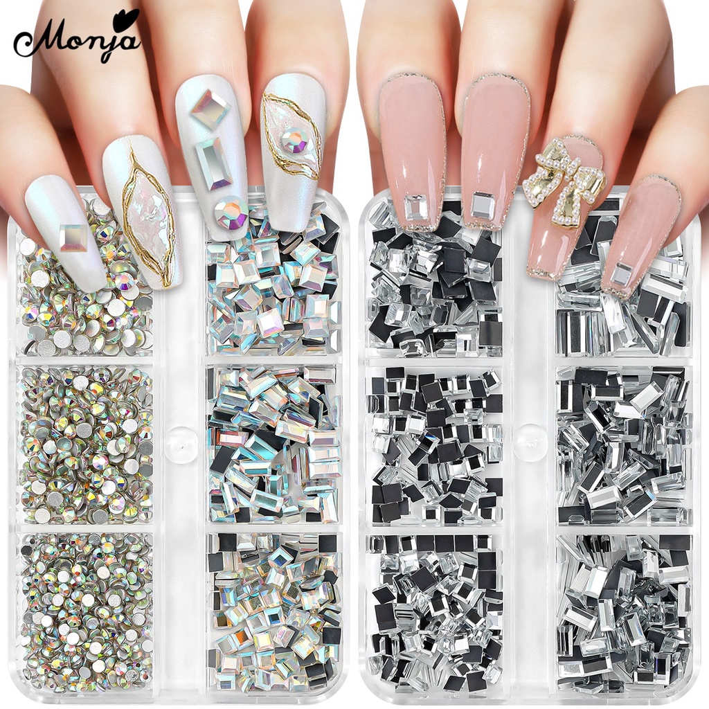 Monja กลิตเตอร์ Ab 3D ทรงสี่เหลี่ยมสําหรับตกแต่งเล็บ 6 ช่อง/กล่อง nail decorations Accessories