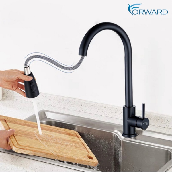ก๊อกน้ำซิงค์ล้างจาน 2ระบบ แบบดึงหัวได้ ปรับโหมดน้ำได้ วัสดุแตนเลส สีดำ sink faucet รุ่น TP656