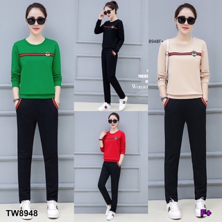 MM8948 Set 2 ชิ้น เสื้อแขนยาวอกแต่งแถบ + กางเกงขายาว Set of 2 pieces. Long sleeve shirt with stripes + long pants.