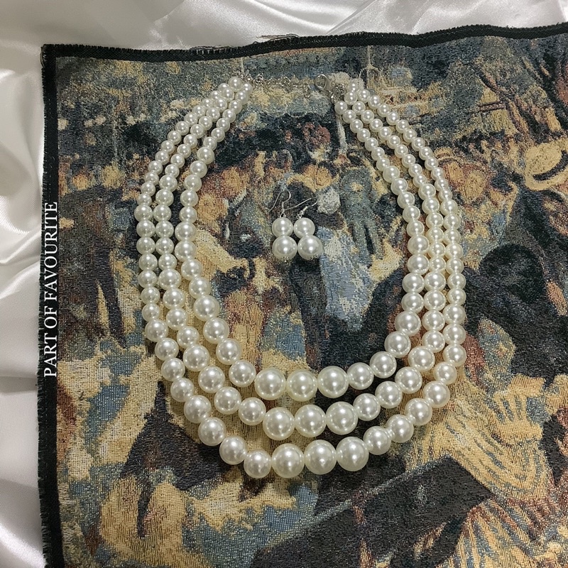 (คุ้มสุด) สร้อยมุก 3 ชั้น (พร้อมส่ง ) ต่างหูมุก ลูกปัดมุก เซตมุก