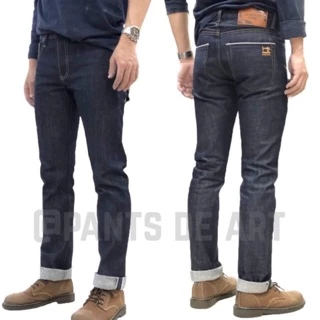 PANTSDEART - กางเกงยีนส์ชาย ผ้าดิบ 14OZ. ริมแดง งานปักรูปจักร ทรงกระบอกเล็ก สียีนส์เข้ม แบบคลาสสิค