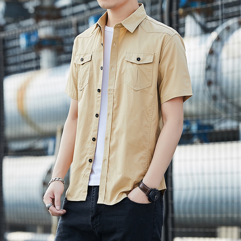 เสื้อเชิ้ตแขนสั้นลําลอง เข้ารูป สีฟ้า และสีขาว แฟชั่นฤดูร้อน สไตล์เกาหลี สําหรับผู้ชาย ไซซ์ M - 5XL มี 5 สี