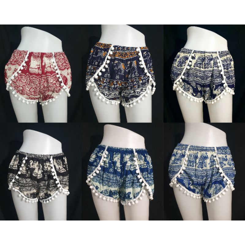 สินค้าของคนไทย กางเกงตุ๊งติ้งไขว้หน้า ลายช้าง ชายทะเล ผ้าสปัน เอวยางยืด