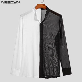 Incerun เสื้อเชิ้ตแขนยาว ผ้ายืด สีโปร่งใส เย็บปะติดปะต่อกัน สําหรับผู้ชาย S-5XL