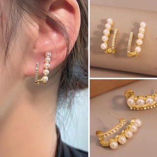 ต่างหูมุก ประดับเพชร สีทอง ทรงตัวu พร้อมส่ง! (#P1-H)