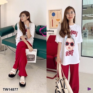 TW14877 Set 2 ชิ้น เสื้อยืดคอกลม แขนสั้น สกรีนลายกราฟฟิก มาพร้อมกางเกงขายาว เอวสม็อก ผ้าอัดพลีท ทรงโอเวอร์ไซส์ มีกระเป๋า