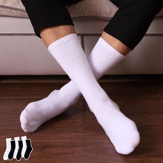 ถุงเท้าบาสเก็ตบอล ข้อยาว ผ้าฝ้าย แบบหนา สีดํา และสีขาว สําหรับผู้ชาย 1 คู่