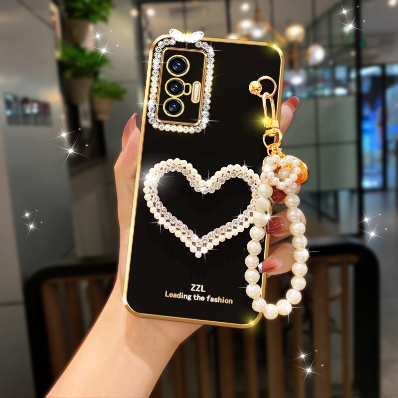 Diamond Love Heart Glossy Soft Case VIVO V30 V30e V29 V29e V23 5G V23e V21 V20 V20se S1 Pro V19 Neo V17 V15 พร้อมเชือกมุกสั้น