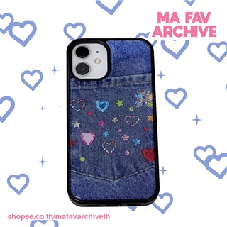 (pre-orderจากเกาหลี) mafavarchive - Jeans epoxy case เคสมือถือคลุมรอบเครื่อง ขอบยางดำ ลายยีนส์ ติดกากเพชรหัวใจ