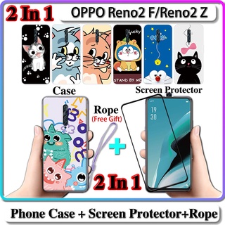 2 IN 1 เคส OPPO Reno2 F Reno2 Z เคส พร้อมกระจกนิรภัย โค้ง เซรามิก ป้องกันหน้าจอ แมว และโดราเอมอน