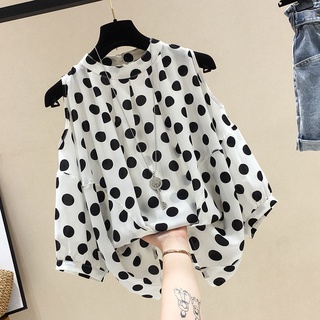 ▧▧ขนาดใหญ่ผู้หญิงฤดูร้อนใหม่น้องสาวไขมันหลวมและบาง Belly TOP polka dot off-the-shoulder เสื้อชีฟองแขนสั้น