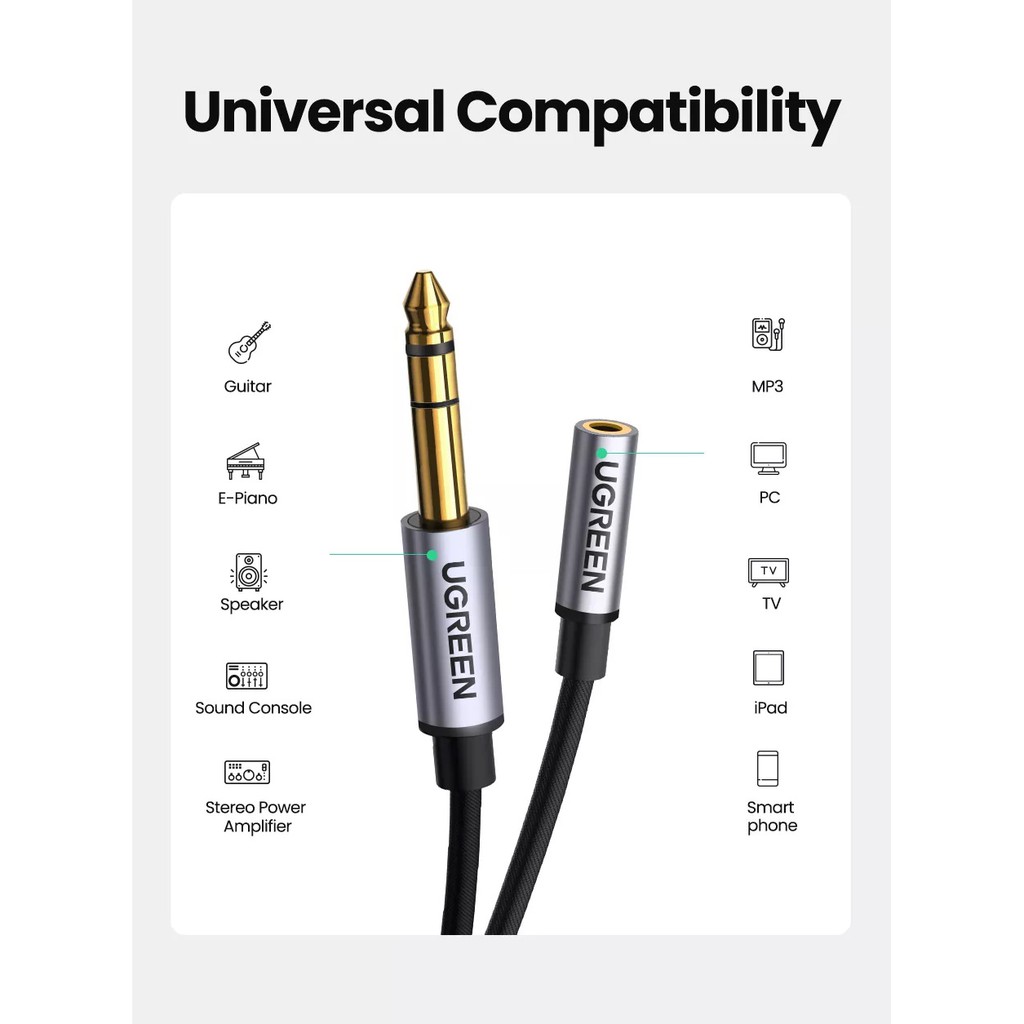 UGREEN (0.3m,20498) 6.5mm to 3.5mm Headphone Adapter TRS 6.35mm Stereo Jack Audio Adapter for