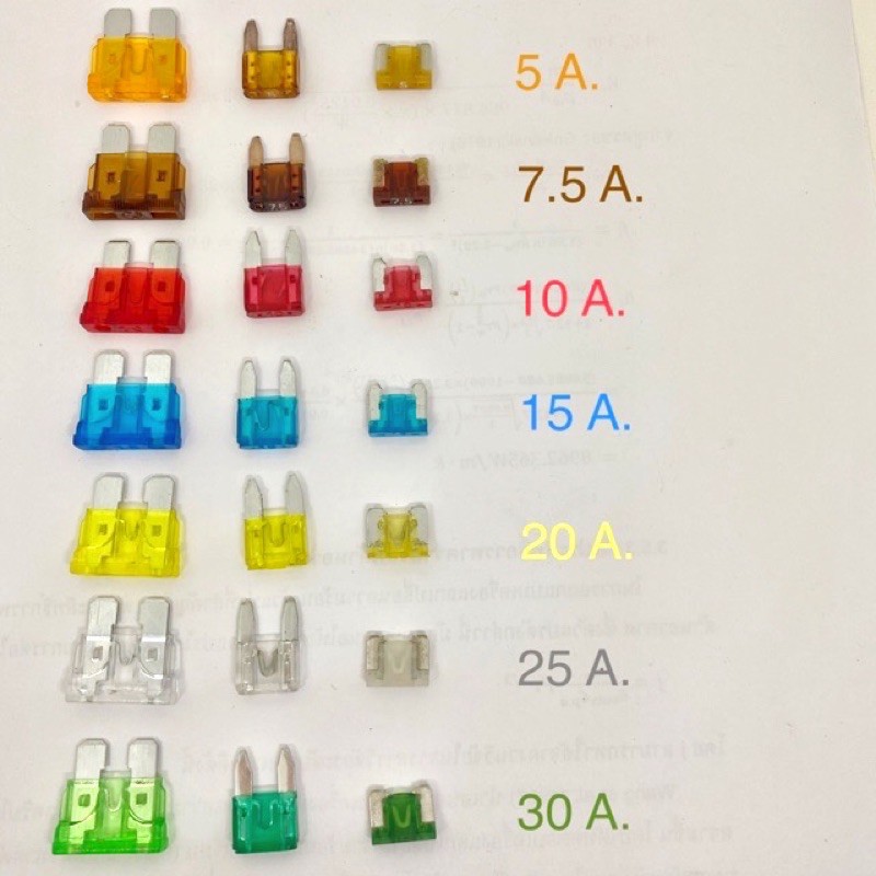 ฟิวส์เสียบขนาด 5,7.5,10,15,20,25,30แอมป์ ขนาดใหญ่ เล็ก จิ๋ว ตัวละ5บาท  ยกเว้นขนาดจิ๋วบางตัว10บาท เนื่องจากเป็นของแท้