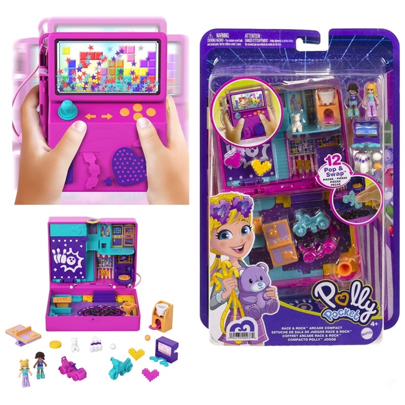 Polly Pocket Race & Rock Arcade Compact ธีมสําหรับเล่นเกมพร้อมตุ๊กตา Micro Polly & Shani