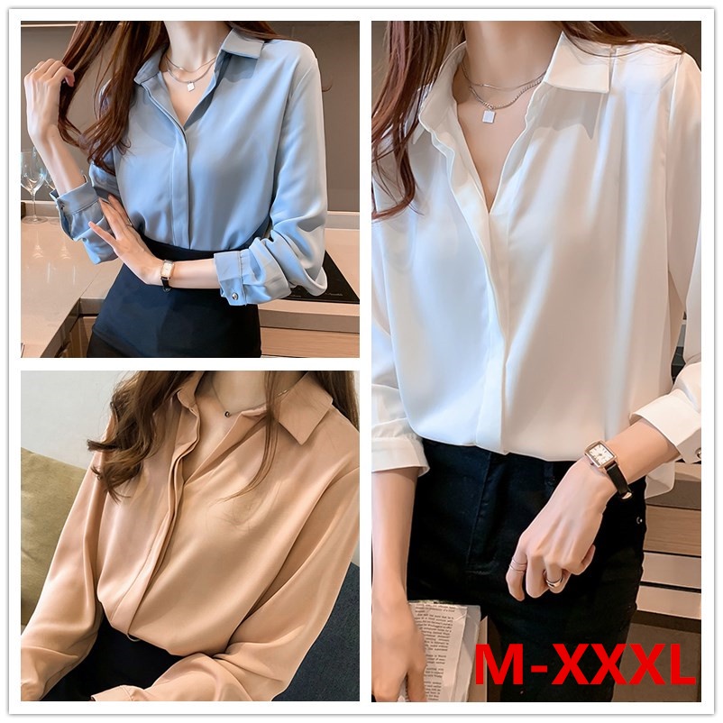 พร้อมส่ง เสื้อเชิ้ตผู้หญิงแขนยาว ชีฟองสีทึบใส่ทำงาน ใส่สบาย แฟชั่นสตรี สวยเรียบร้อย