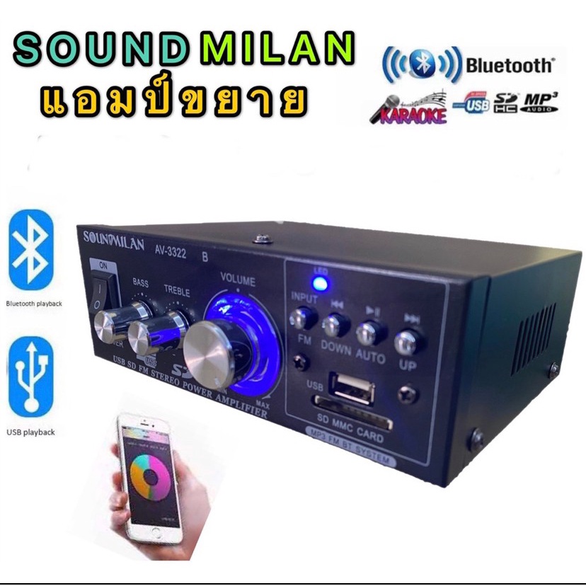 SOUNDMILAN แอมป์ขยายเสียง (Mini) AMPLIFIER ใช้ไฟ12v/220vได้ Bluetooth MP3 USB SD CARD FM รุ่น AV-3322 500W PMPO