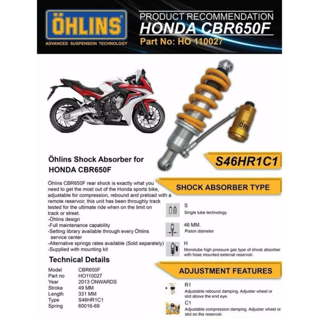 OHLINS โช๊คหลัง สำหรับ Honda CBR650F (HO713)