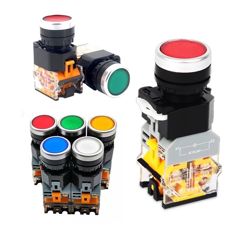 ￼Push Button ปุ่มสวิตช์กดติด กดดับ LA38-11DT  22มิล แบบมีไฟโชว์ 220VACรุ่นมีไฟในตัว
