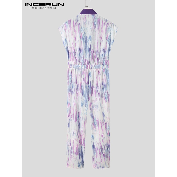 INCERUN 2022 Fashion Men Jumpsuits V Neck Sleeveless Tie Dye Patchwork Overalls Men Streetwear Loose Casual Rompers Plus #4
