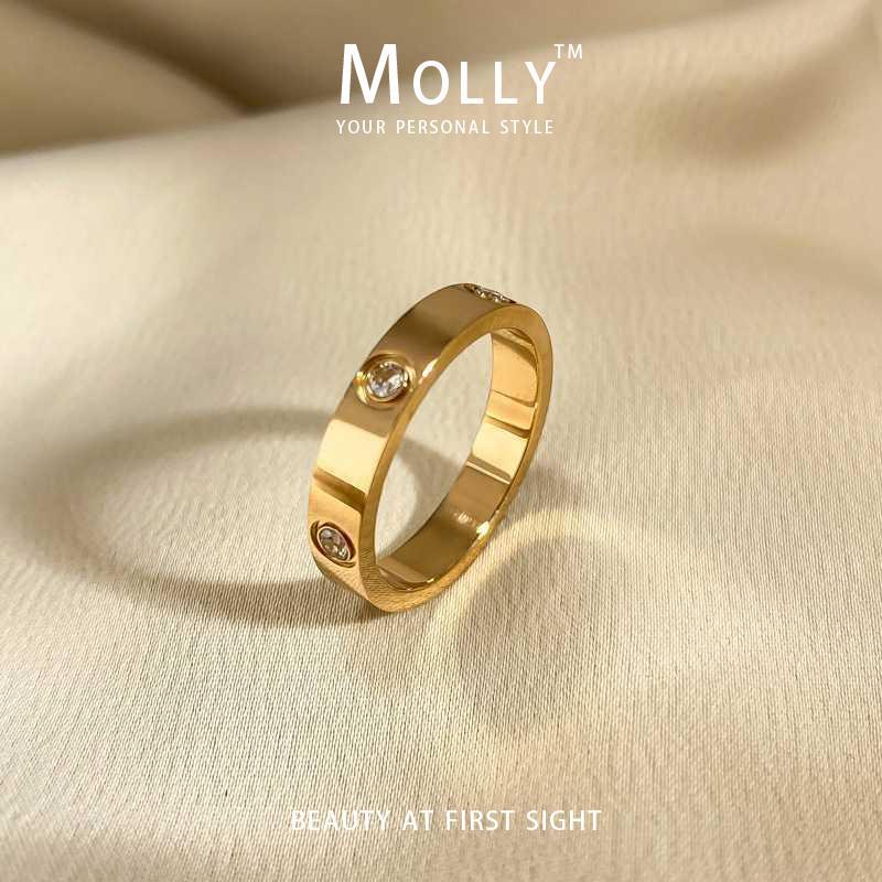 Molly สแตนเลสสตีลเพชร-Studded แหวนผู้หญิง 18K Gold Plated Non Tarnish Non Fade ไทเทเนียมเหล็กแฟชั่นเครื่องประดับอุปกรณ์เสริม Minimalist แหวน