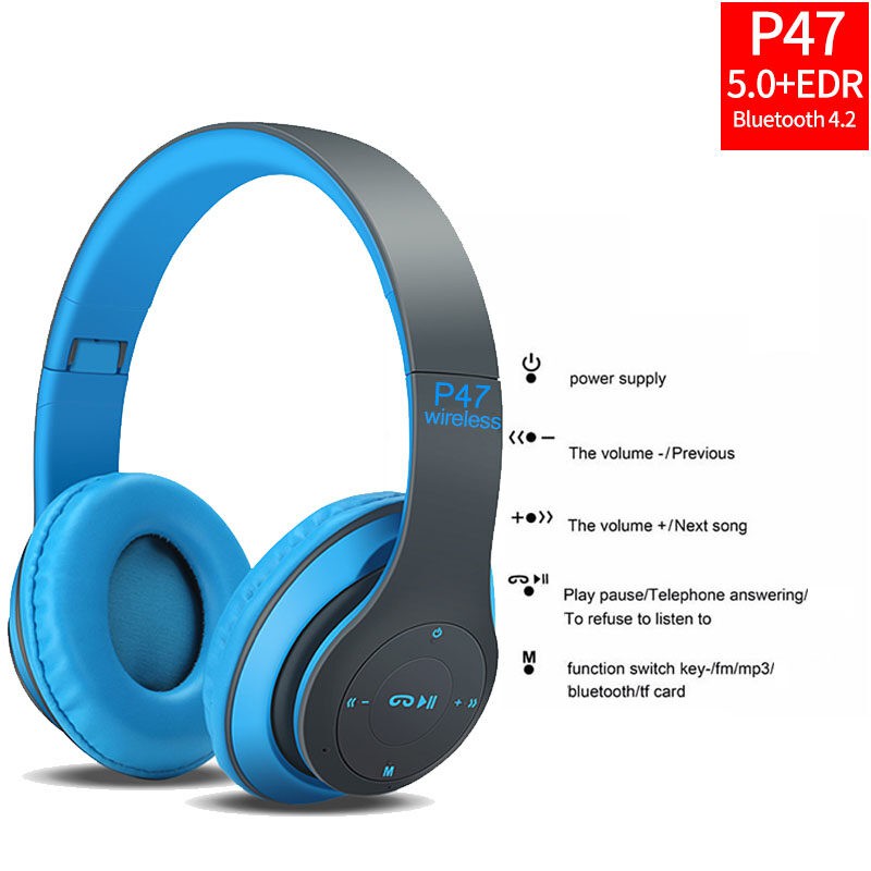 ♣◐(Buy 1 get 1 free) หูฟังบลูทูธ ไร้สาย ใส่เมมโมรี่/ ฟังวิทยุF.M Bluetooth Headphone Stereo รุ่น P47