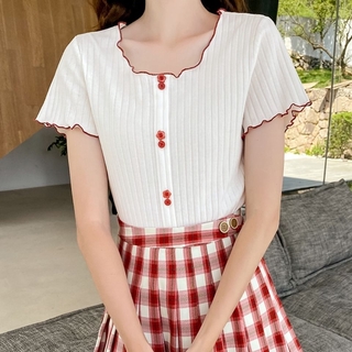 เสื้อยืดแขนห้าส่วน ผ้าเรยอน เข้ารูป แต่งระบาย แฟชั่นฤดูร้อน สําหรับผู้หญิง