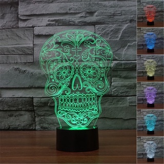 โคมไฟตั้งโต๊ะ LED รูปหัวกะโหลก ดอกไม้ 3D ไล่โทนสี 7 สี สไตล์พังก์ USB