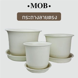 MOB กระถางต้นไม้พร้อมจานรอง ลายเส้นตรง กระถางขาว กระถางสีครีม กระถางมินิมอล สำหรับไม้ประดับทั่วไป กระถางเกลียว