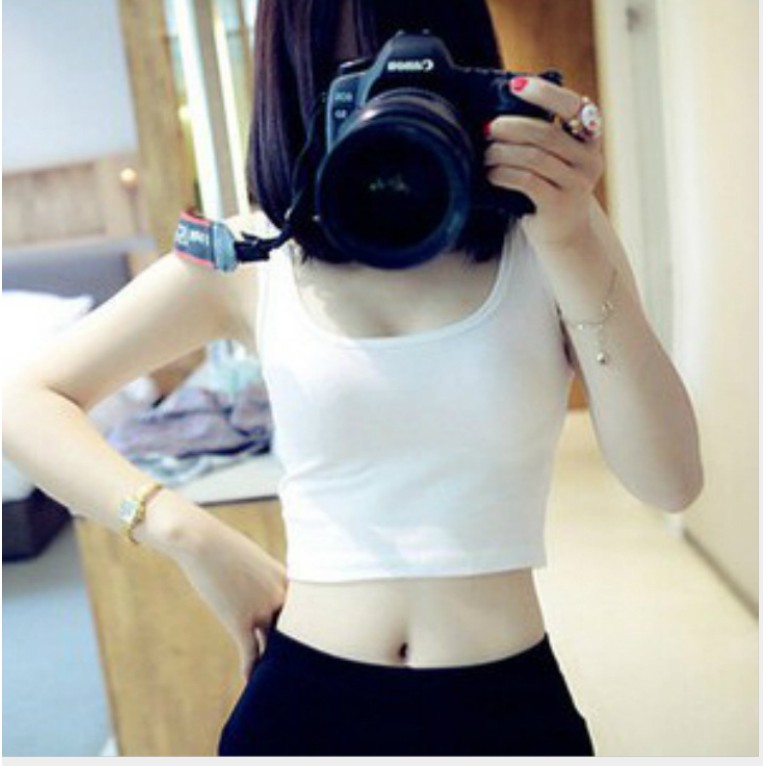 ถูกมาก เสื้อครอป ยืดแขนกุดครอปคอกลม ครอปเอวลอย
